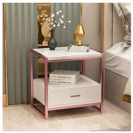 Bedside Table With Drawers, Simplicity Modern Nightstand For Bedroom, Wrought Iron Bedside Cabinet, For Living Room Bedroo(Rose Gold White,45 * 40 * 50cm)