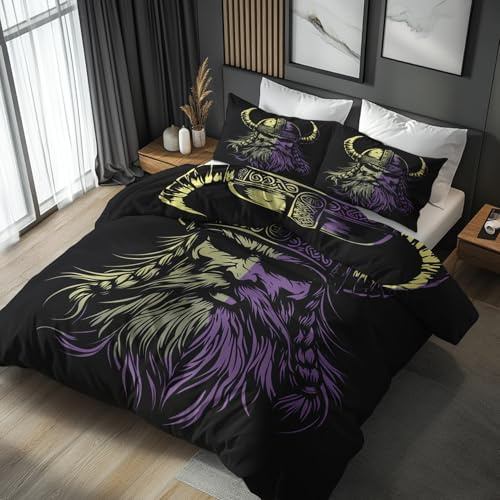 Generisch Bettwäsche Wikinger 200x200 - Viking Nordisch Deko Bettbezug 3 Teilig Set, mit Reißverschluss, Weiche Kuschelige Bügelfreie Mikrofaser Wendebettwäsche ZHW1472