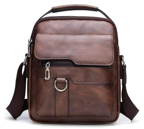 Bandolera de piel, compatible con iPad, 22 x 26 x 6 cm, marrón, múltiples compartimentos, Brown, Medium