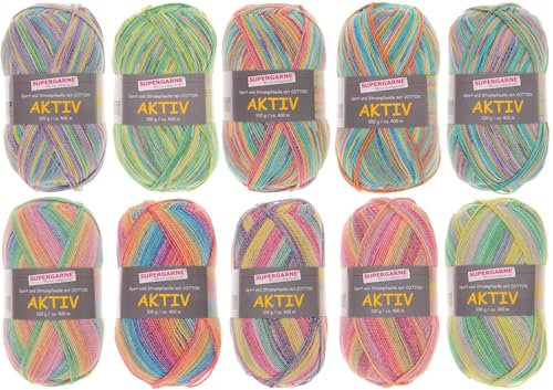 SUPERGARNE Sockenwolle mit Baumwolle Aktiv Cotton – 1000 g (10x100g), Strapazierfähig, Maschinenwaschbar, Made in Italy, Ideal für Socken und Strickprojekt (SPRING)