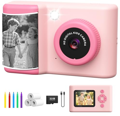 Sofortbildkamera Kinder, 20MP 1080P Digitalkamera Kamera Kinder Sofortdruck, 2,4 Zoll Kinderkamera Sofortbildkamera mit LED-Blitz 32GB-Karte Druckpapier, Geschenk für 3-12 Jahre Mädchen Jungen, Rosa