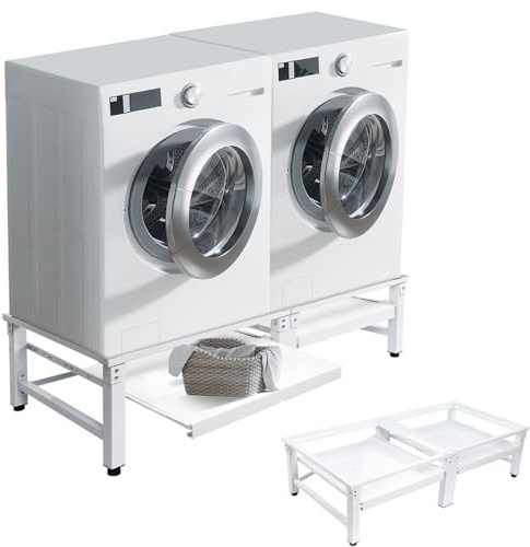 Support de machine à laver avec 2 étagères d'extraction, double support en métal solide (max. 300 kg), meuble bas à 2 compartiments, support pour sèche-linge/réfrigérateur, 124 (L) x 58 (l) cm, blanc