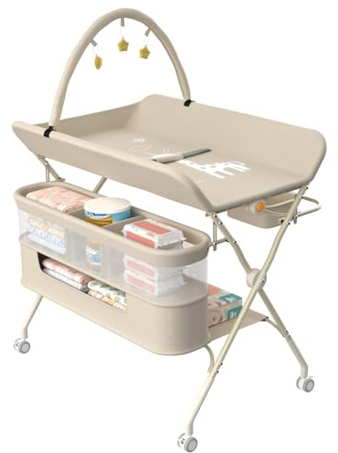 HUOLE Table à Langer avec roulettes, avec Panier de Rangement à Côté Structure en Fer Charge Max 25KG pour Nouveaux-Nés Design Ergonomique, Rangement,pour Nouveau-né,75 * 68 * 83-91cm (B) Blanc crème