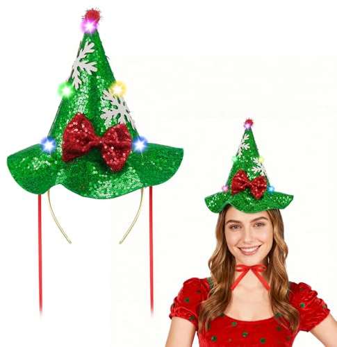 Chapeau Sapin de Noël Lumineux avec 3 Modes, Bonnet Noël Lumineux Rigolo pour Adulte Femmes Hommes, Bonnet de Sapin avec Sangles et Serre Tête, Chapeau Drole LED pour Fête Cosplay Déguisement Cadeau