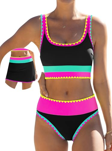 popvil Womens Tummy Control 3 Piece Swimsuit with Skirt High Waisted Bikini