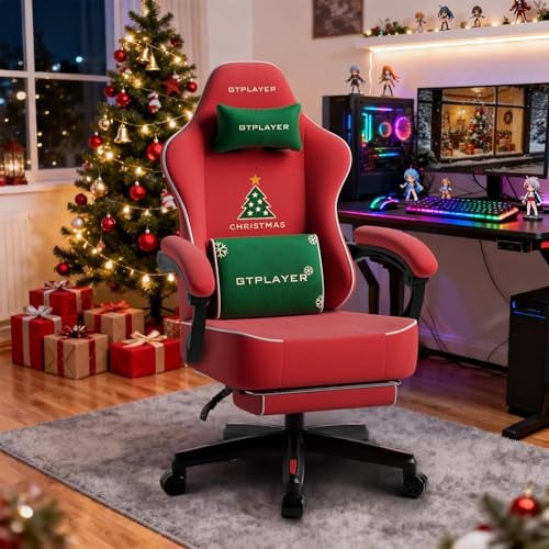 GTPLAYER Gaming Stuhl Weihnachtsmotiv, Gaming Chair mit Fußstütze, extra breite Sitzfläche, mit Federkissen 150KG für große und kräftige Personen【Samt】