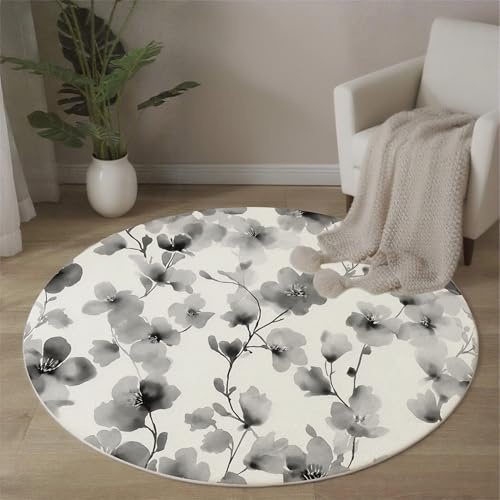 Rund Teppich 120 cm Schwarz-Weißes Blumenmuster rutschfest Teppiche Plüsch Flauschig Weich Teppich Waschbar Monet-Stil Wohnzimmer Dekorative Küche Fußmatte Haustierteppich Grau