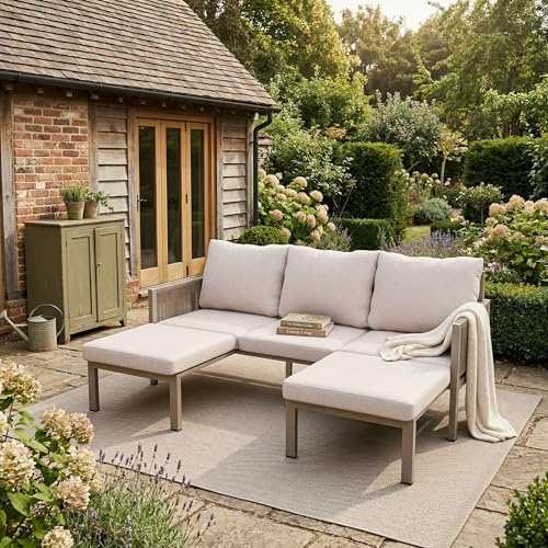 Lahoomu Gartenmöbel-Set, Outdoorsofa, 3-Sitzer-Sofa, Multifunktionales, lässt Sich in einen Liegesessel verwandeln, verzinktes Eisen, Beige