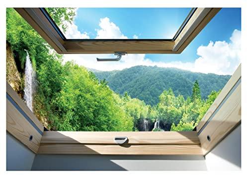 Forwall Fototapete Fenster 3D Effekt Aussicht Wasserfall Landschaft Wohnzimmer Schlafzimmer Vlies Tapete Wandtapete UV-Beständig Montagefertig (10413, VEXXL (312x219 cm) 3 Bahnen)