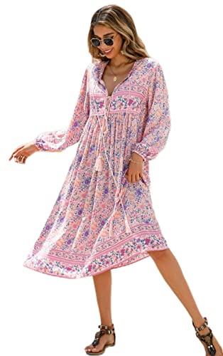 R.Vivimos Women's Casual Bohemian Print Neck Tie Long Sleeve Beach Style Long Midi Dress Vacation Dress(XLarge,LightPink)