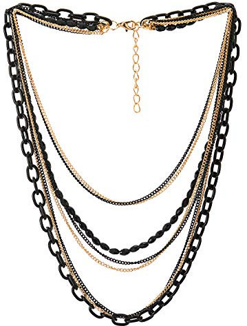Choker Halsketten Statement Halskette Wasserfall Multi-Schichten Schwarz Gold Kette mit Edelsteine Perlenschnur