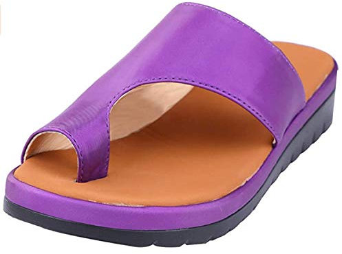 Earnmore Big Toe Sandale de Correction Orthopédique Sandales Femmes Plates Chaussures Sandales en Cuir PU Nu Pieds Été à Talon Compensé Claquette Plage Semelle Confortables Élégance