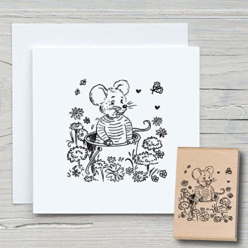 NEWSTAMPS Stempel Maus im Eimer Motivstempel groß aus Holz & Gummi zum Karten und Geschenke basteln, Holzstempel für Tiere, Tierstempel, Scrapbook, Textilstempel, Deko, Kinder