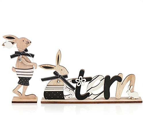 COM-FOUR® 2-teiliges Set Oster-Deko aus Holz - Aufsteller mit Schriftzug und Osterhase - Holz-Deko für Ostern zum Hinstellen (2 Stück - Hellbraun)