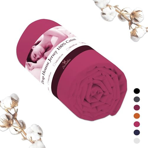Drap Housse Jersey 100% Coton (Fushia, 160x200 cm) - Grand Bonnet 30 cm - Résistant - Certifié Oeko Tex - 2 Personnes - Anti Acarien - Lavable Machine à Laver - Linge de lit pour Matelas épais