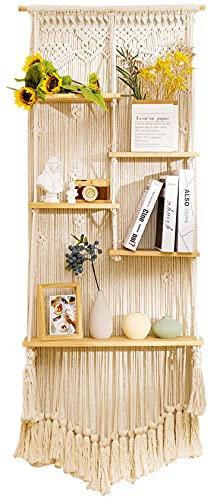 Großes Makramee-Wandregal (160 cm H x 61 cm B), 5 Etagen, versetztes Makramee-Regal, Boho-Heimdekor, hohes Leiter-Regal, schwebendes Regal, handgewebtes Seilregal, Display-Rack, Wand-Organizer