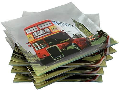 Lot De 6 Grandes Assiettes Plates En Verre - Motif Londres - Forme Carrée 30 x 30 cm - Couleur gris, rouge - Service À Vaisselle Pour La Maison - Très Joli Design Élégant thème City London Angleterre