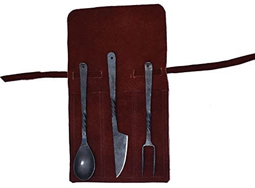 Viking Traders Handgeschmiedeter Schmied Mittelalterlicher Speisesaal Ess-/Schlemmutensilien-Set mit 3-teiligem funktionalem Gabelmesser und Löffel, mittelalterliches Essset, mit Echtledertasche für