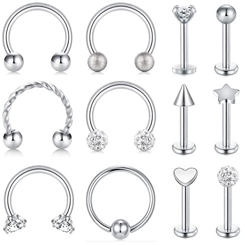 AceFun 16G Lippenpiercing Bar Silber Septum Piercing Ring Piercing Knorpel Helix Tragus Ring Hoop Ohrstecker Lippenringe Labret Ohrstecker Hufeisen Augenbrauen Lippenringe Piercing für Frauen Männer