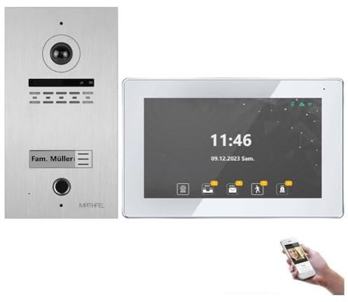 MATHFEL 2 Draht Bus WLAN Video Türsprechanlage mit Fingerprint, Gegensprechanlage Fischaugenkamera 170 Grad Aluminium Außenstation, 1x7'' Monitor weiß mit WLAN Schnittstelle