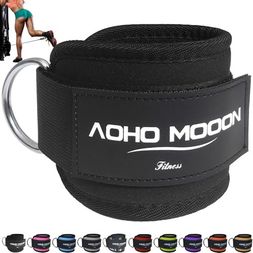 AOHO MOOON Comfortable Adjustable Padded Ankle Wrist Cuffs Neoprene Padded Straps D-Ring Glute Kickback for Cable Machine, Ideal for Glutes Exercises (Single, Black)