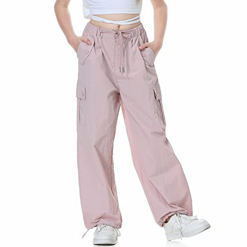Rolanko Pantalon Cargo Parachute Baggy pour Filles, Pantalon de Jogging Vintage Y2K avec Taille Élastique Ajustable pour Enfants, Rose, Taille:150