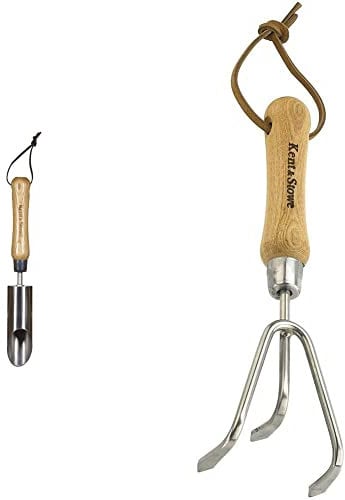 Kent & Stowe Zwiebelpflanzer – Blumenzwiebel-Pflanzer aus Edelstahl für gleichmäßige Löcher, Länge: 30 cm & 3 Zinken-Grubber – Handgrubber aus Edelstahl, zum Aufbrechen verhärteter Böden, Länge: 28 cm