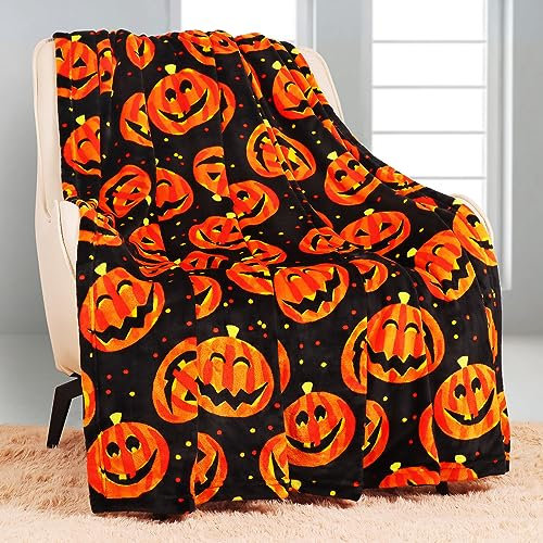 YISUMEI Halloween Decke doppelseitig lächelndes Gesicht Laterne Kürbismuster Flanell 150 x 200 cm