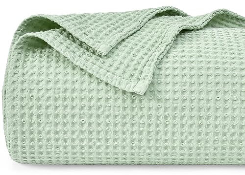 PHF 100% Cotton Waffle Weave Blanket Single Size 130 x 150cm, Pre-Washed Lightweight Breathable Throw Blanket for Summer, Oeko-TEX Certified for Bed Couch Sofa, Home Decor, Sage Green
