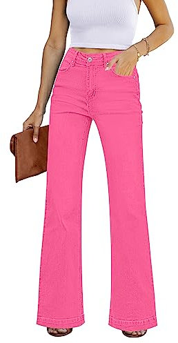 Roskiky Pantalon évasé pour femme, coupe large, baggy, taille haute, stretch, pour femme, Rose magenta, XL