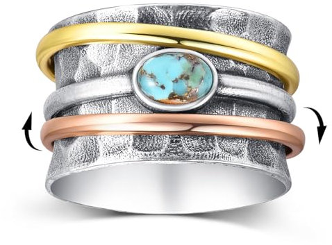 BONLAVIE Türkis Spinnerring Damen, Dreifarbiger Strukturierter Silberring 925, Angst Ring, Boho Ring Damen, Ringe Frauen