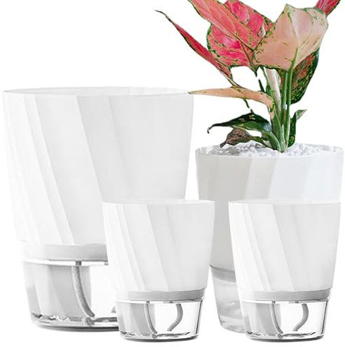 ROLMZJX 4 Pack Self Watering Pots,African Violet Pots,Clear Plastic Round Plant Pots for Succulent, Flowers, Herbs for Office Home Decor(White-Large/Medium/Small)