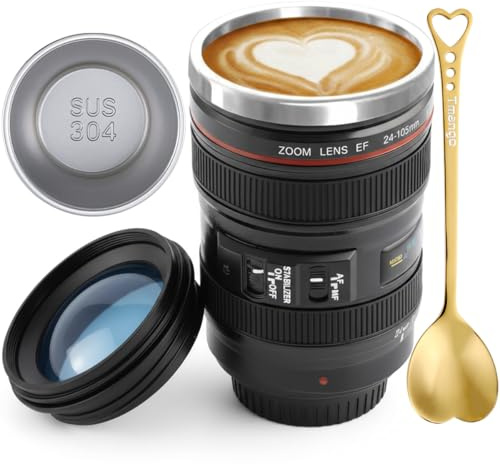 TMANGO Camera Lens Coffee Mug with Clear Lid – Unique Realistic Lens Cup Replica, Gift for Photography Lovers