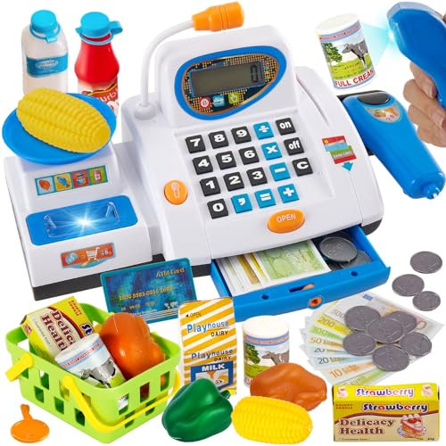 HERSITY Caisse Enregistreuse Jouet avec Electronique Calculatrice, Son et Lumière Scanner, Microphone, Balance, Panier, Nourriture de Jeu, Grand Supermarché Jouets pour Filles Garçons de 3+ Ans