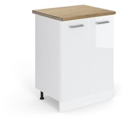 Vicco Küchenunterschrank R-Line, Küchenkommode, Weiß Hochglanz/Weiß, 60 cm, AP Eiche