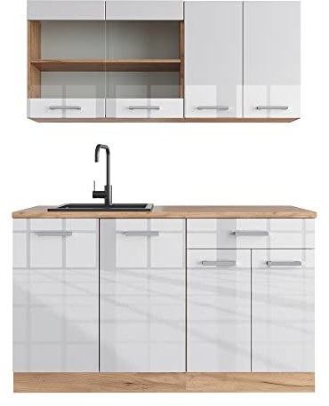 Vicco Singleküche R-Line, Weiß Hochglanz/Goldkraft Eiche, 140 cm, AP Eiche