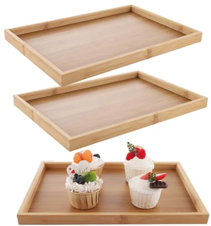 LDXDRU Wooden Tray Set of 3, 33 x 22 x 2cm Rectangular Bamboo Serving Trays, Wooden Tea Trays Breakfast Tray Food Platter for Eating Dinner Tea Dessert Snacks