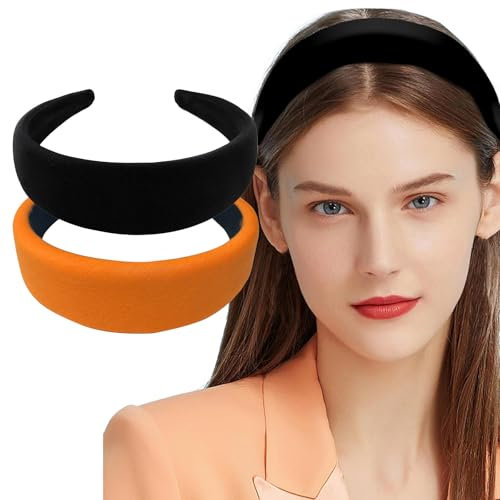 LHOEST Lot de 2 bandeaux larges pour femme et fille - Noir et orange - Bandeau de sport rétro pour femme et fille - Bandeau vintage
