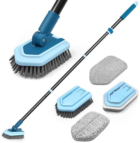 JEHONN Cepillo Limpieza Ducha con Mango Largo, 4 en1 Limpia Azulejos Pared Cocina, Baño, Bañera, Suelo, Zócalo (Azul)