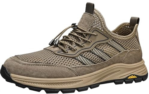 CUTEHEELS Zapatillas de deporte de malla transpirables informales de verano para hombre, ligeras, sin cordones, para senderismo y trekking, caqui, 43 EU