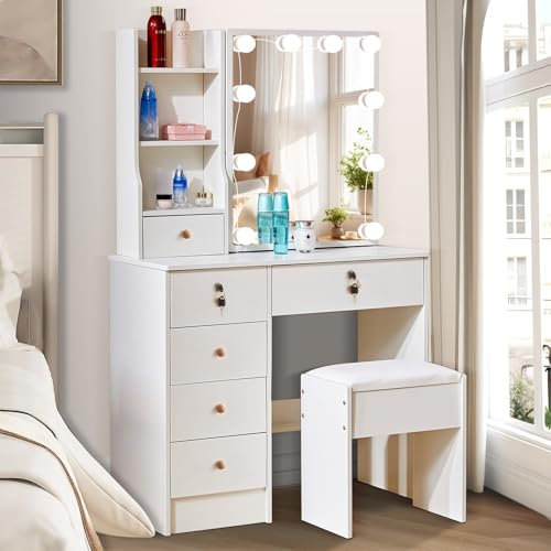 Aovquof Schminktisch mit verstellbaren 10 LED Lampen-Beleuchtung Schminkspiegel, Schminktisch mit Spiegel, mit 6 Schubladen, 3 offenen Ablagen für das Schlafzimmer (Holz Griff)