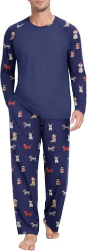 PrinStory Mens Pyjamas Set Christmas Long Sleeve T Shirt And Longue Pants With Pockets Soft Xmas Men's Nightwear Crew Neck Sleepwear Pjs Sets (Blue Christmas Dog, L)