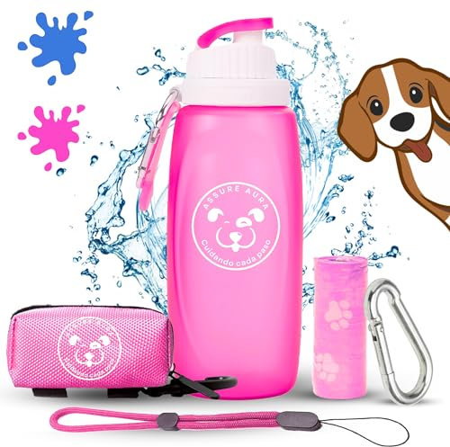 Pack Botella Pipi Perros Calle Silicona 320ml + Mosqueton + Cuerda Ajustable + Bolsas + Funda | Botella agua perro y accesorios perros | Botella pises perro | Ideal Paseos (Violeta, 320ml)