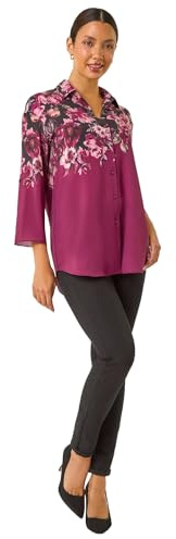 Roman Originals Shirt for Women Ladies Cotton Blouse Button Through Tunic Printed Top Work Long Sleeve Smart Casual Going Out Work Office V Neck Everyday Evening Event - Purple Multi - Size 10