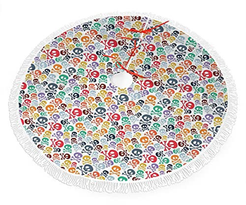 Totenkopf-Druck, Weihnachtsbaumrock, Weihnachtsschnürung mit Quasten-Dekorationen, Halloween-Thema, bunte Totenköpfe, Weihnachts-Partyzubehör, Baumschmuck, mehrfarbig, 91 cm