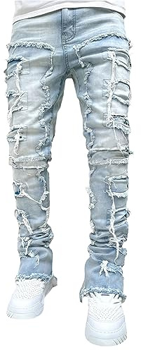 SANSIWU Jeans for Men Stretch Fit Skinny Stacked Ripped Destroyed Jeans Fit Y2K Stacked Patch Jeans Hip Hop Streetwear Straight Trousers