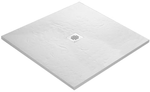 Receveur de douche haute densité aspect ardoise - grille carrée (Blanc, 100 x 100 cm)