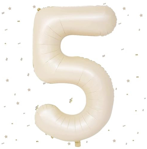 Beige Luftballon 5,Zahlen Luftballon Beige,40 Zoll Weiß Creme Folienballon 5，101cm Sandweiß Zahlenballon 5 Helium Ballon Luftballon 5 Geburtstag für 5 Jahre Geburtstagsdeko Kinder Mädchen Junge