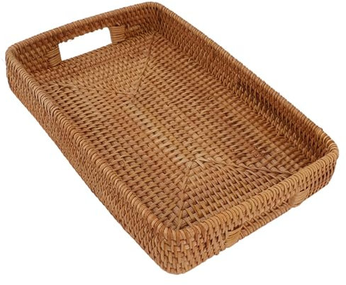 Vassoio in Rattan con Manici, Grande Vassoio da Portata in Rutice, Grande Vassoio Decorativo Rettangolare Fatto a Mano per Frutta, Dessert, Casa (S)