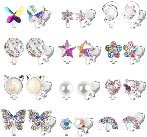 Deepton 12 Paar Ohrclips Kinder Mädchen, Hypoallergene Clip Ohrringe Kinder, Glänzend Klipp Ohrringe Mädchen, Stern Schmetterling Regenbogen und Blumen Ohne Ohrloch Ohrring